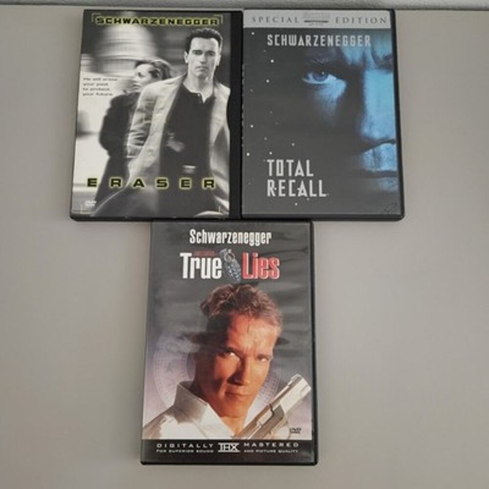 True Lies + Total Recall + Eraser Dvds Lot Of 3 Schwarzenegger Action Thrillers